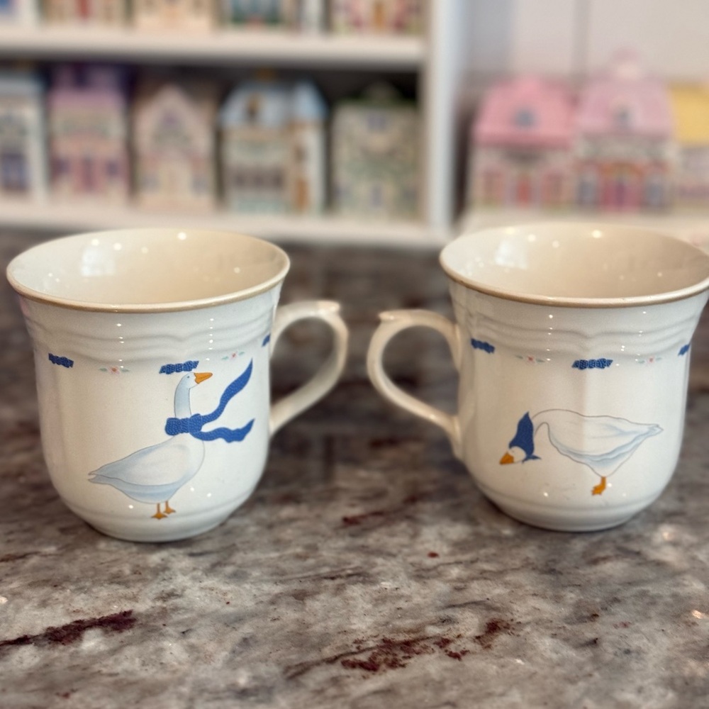 Vintage Newcor Stoneware Retired Set Of 2 Cups Country Side  Goose Design